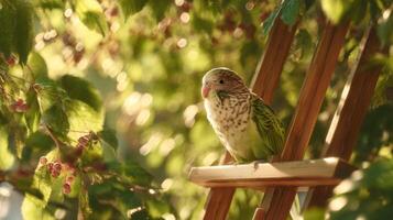 Green Parakeet Perched on Wooden Ladder Surrounded by Lush Green Leaves and Soft Sunlight in Nature Setting photo