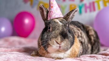 Adorable rabbit wearing party hat celebrating birthday with colorful balloons in festive atmosphere and cozy background photo