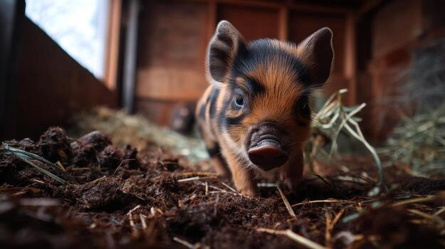 Adorable Piglet Exploring Its Cozy Farm Environment with Hay and Straw in a Rustic Barn Setting photo