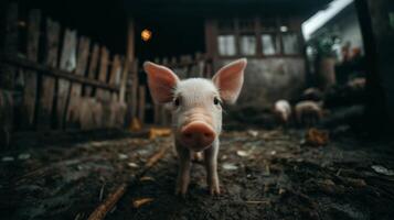 Adorable Piglet Standing on Farm Ground with Rustic Background Surrounded by Fenced Area and Fellow Animals in Soft Light photo