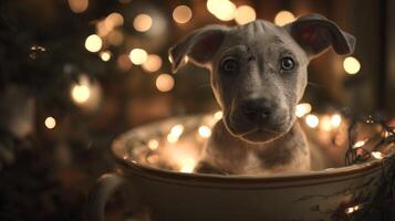 Adorable puppy in a cozy setting surrounded by warm glowing lights, creating a joyful and festive atmosphere photo