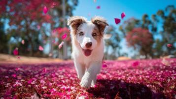 Playful puppy running joyfully through vibrant pink flower petals in a sunny outdoor park setting under blue sky photo