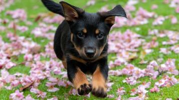 Playful puppy running through colorful flower petals in a vibrant green garden setting during a sunny day photo
