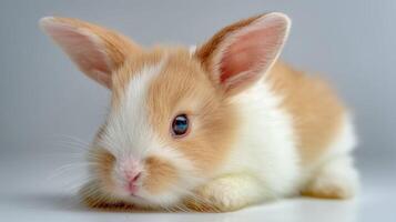 Adorable fluffy rabbit with soft fur and bright eyes resting on a smooth surface in a well-lit studio environment photo
