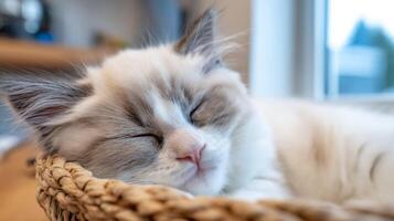 Serene Sleeping Cat Resting Comfortably in a Cozy Woven Basket near Window with Soft Natural Light photo