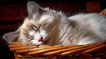 Adorable fluffy cat peacefully sleeping in a cozy woven basket with soft fur and closed eyes in warm light setting photo