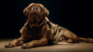 Detective Dog in Vintage Trench Coat Posing Elegantly with Serious Expression in Dark Studio Setting photo