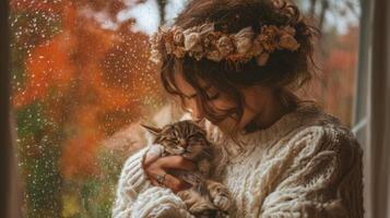 Cozy Autumn Scene of a Young Woman Holding a Cat Against a Rainy Window with Fall Foliage in the Background photo