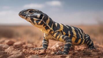 Beautiful close-up of a striped lizard basking on rocky terrain under a clear blue sky in a natural desert environment photo