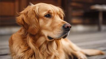 Golden retriever resting calmly on wooden deck, warm sunlight illuminating soft fur and gentle expression, serene pet portrait photo