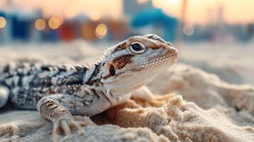 Lizard Resting on Sandy Beach with Soft Bokeh Background during Sunset Hours Offering Peaceful Natural Scene photo