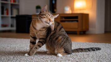 Domestic Cat with Striped Fur Grooming Itself in a Cozy Living Room Setting during Evening Relaxation Time photo