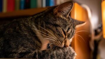 Close-up of a peaceful tabby cat grooming its paw in a cozy indoor setting with warm lighting and a blurred background photo