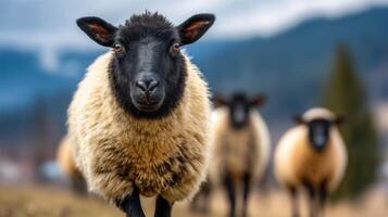 Close-up of a curious black-faced sheep in a picturesque pastoral landscape with blurred flock in the background photo