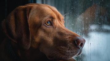 Thoughtful brown dog gazes out rainy window, reflecting on life and nature during a quiet, cozy indoor moment photo