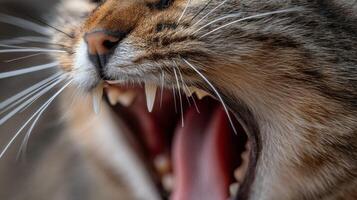 Close-Up of a Domestic Cat Yawning with Sharp Teeth and Vibrant Fur Texture in Natural Light photo