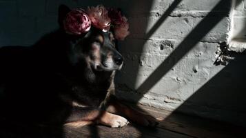 Dog with Flower Crown Posing in Sunlight with Shadows on Wall and Floor photo