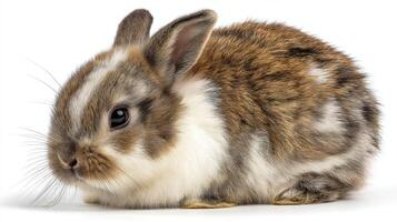 Cute fluffy rabbit with a speckled coat sitting calmly against a white background, perfect for pet and animal photography collections photo