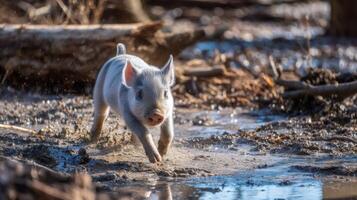 Playful Piglet Running Through Muddy Water in a Rustic Environment Surrounded by Natural Elements and Sunlight photo