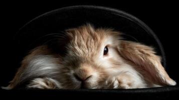Cute Rabbit Peeking Out From Black Hat with Detail on Fur and Expressive Eyes in Dramatic Lighting photo