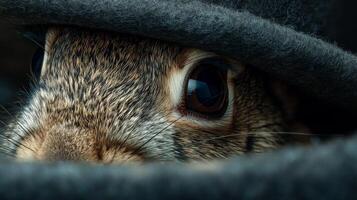 Close-up of a Rabbit Peeking from Under a Wool Hat with Intricate Fur Patterns and Warm Brown Eyes photo
