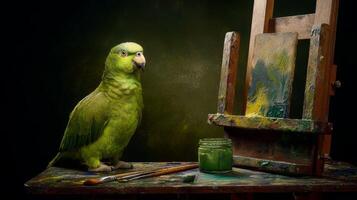Creative Green Parrot with Artist Tools on Painting Easel in an Artistic Setting photo