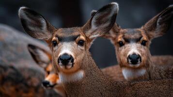 Group of alert deer with soft fur and large ears standing in natural habitat under soft, diffused light in tranquil forest setting photo