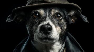 Thoughtful Dog in Hat with Intense Expression Against Dark Background, Perfect for Pet Lovers and Animal Enthusiasts photo