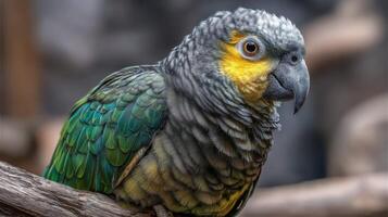 Colorful Parrot with Green and Yellow Feathers Sitting on a Branch in a Natural Habitat Setting with Soft Focus Background photo