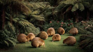 Playful Kiwis foraging in a lush green garden surrounded by tropical plants and vibrant flowers in a serene natural environment photo