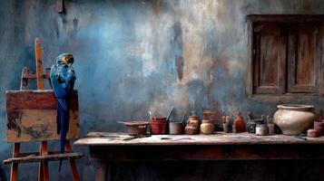 Colorful macaw perched on artist easel in vibrant studio with paint pots and rustic decor photo