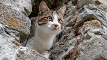 Curious cat peeking through stone wall with vibrant green eyes and focused expression, showcasing feline beauty and exploration photo