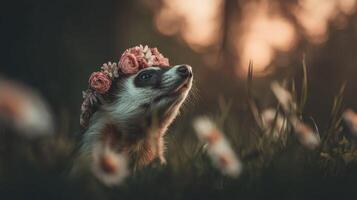 Adorable small animal wearing floral crown in meadow with soft sunlight, capturing the beauty of nature and playful spirit photo