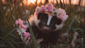 Adorable young badger with a flower crown surrounded by beautiful blooming flowers in a natural outdoor setting at sunset photo