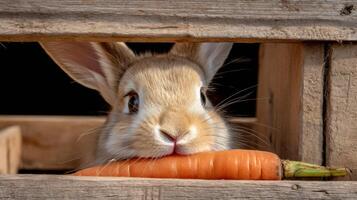 Cute rabbit holding a fresh carrot peeking through a wooden crate creating a charming and playful farm animal scene photo