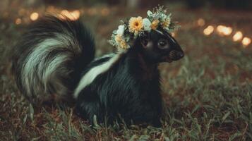 Adorable skunk wearing a flower crown in a lush garden setting, surrounded by greenery and soft glowing lights photo