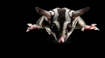 Close-Up of a Sugar Glider with Large Eyes and Prominent Ears in a Dramatic Flight Pose Against Black Background photo