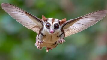 Flying Sugar Glider with Outstretched Wings in a Lush Green Environment Captivating View of Adorable Marsupial photo