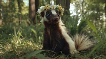 Adorable skunk wearing flower crown in a lush forest setting surrounded by greenery and soft sunlight creating a whimsical scene photo