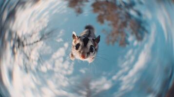 Curious Sugar Glider Peeking from a Tree with a Blue Sky and Fluffy Clouds Background Captured in Unique Fisheye Perspective photo