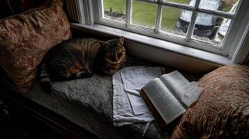 Cozy Indoor Scene with Cat on Window Seat Surrounded by Books and Nature Light Filtering Through Glass Panes photo