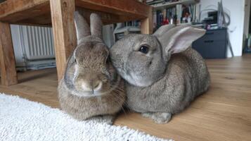 Two adorable rabbits snuggling together on a cozy living room floor, showcasing their cute features and fluffy fur textures photo