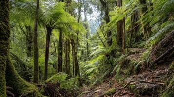 Lush Green Forest Pathway Surrounded by Towering Ferns and Ancient Trees Under a Bright Blue Sky in a Vibrant Ecosystem photo