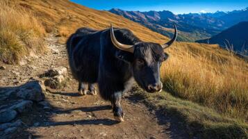 Majestic Yak Walking Along Mountain Trail in Vibrant Landscape Surrounded by Lush Grass and Breathtaking Peaks photo