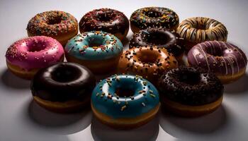 A group of donuts with different colors and toppings photo
