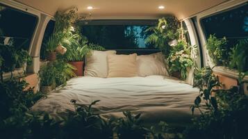 A bed in a van with plants growing on it photo