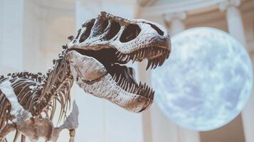 A dinosaur skeleton in a museum with a moon in the background photo