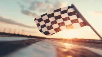 Checkered flag on the track at sunset photo