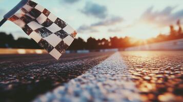 A checkered flag on the road at sunset photo
