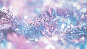 A close up of a blue and pink tinsel background photo